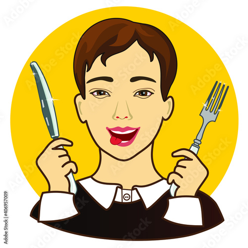 emoji with drooling hungry man that is ready to eat and sticking his tongue out with fork and knife in his hands, simple colored emoticon