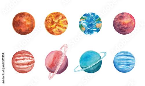 Fototapeta Naklejka Na Ścianę i Meble -  Hand drawn watercolor space set of planet