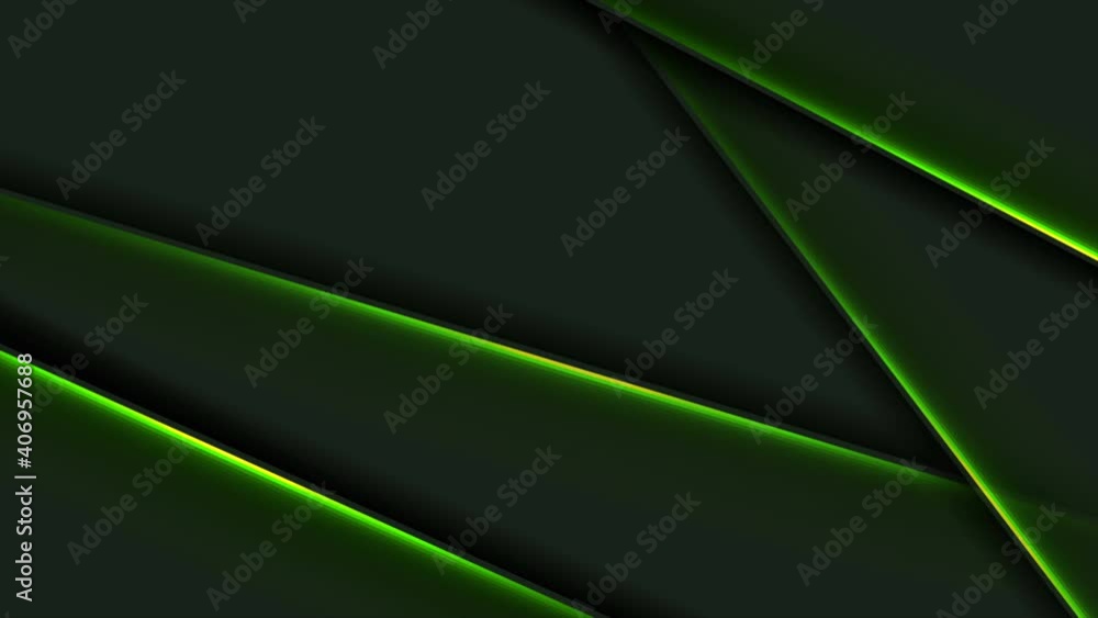 Abstract black motion background with green neon glowing stripes ...