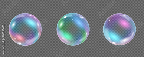 Rainbow colorful underwater bubble isolated on transparent background. Realistic vector illustration of air or soap water bubbles with reflections. Collection of iridescent shiny shampoo foam balls