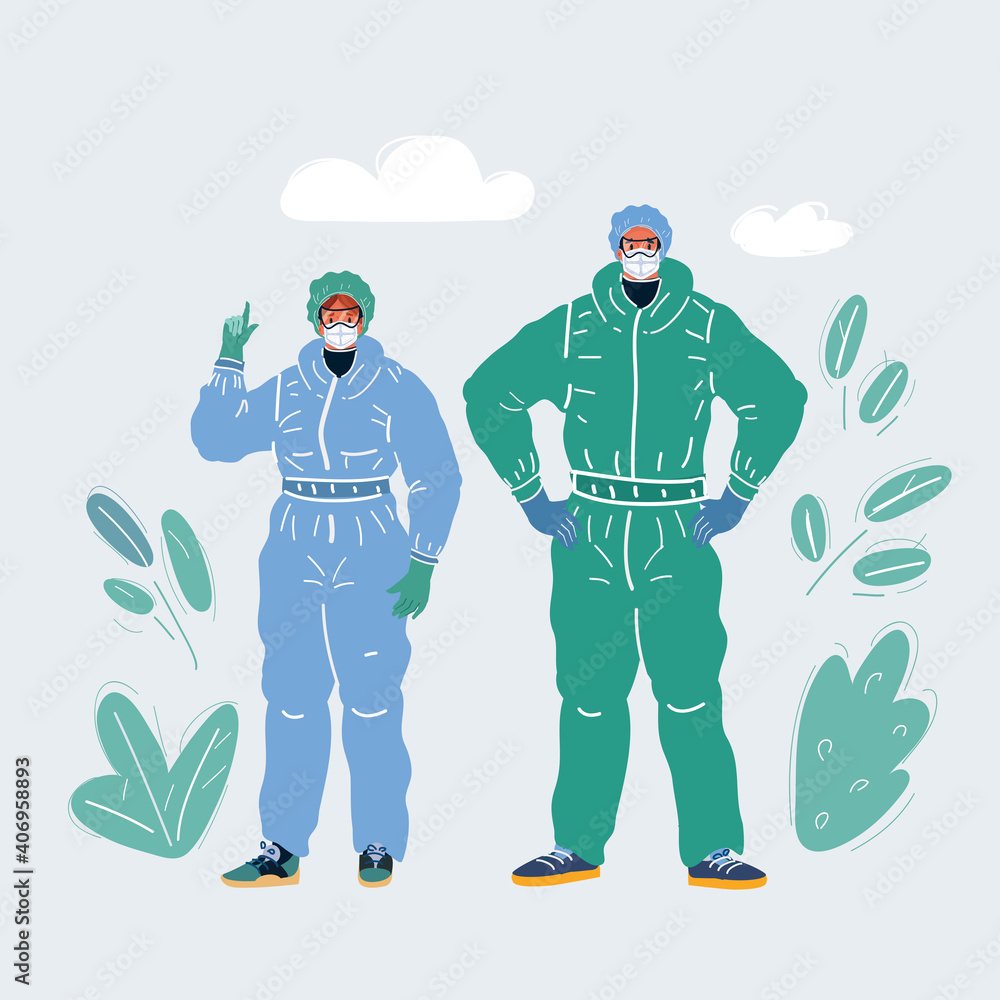 Vector illustration of Epidemic disease concept. Doctors in protective suit and young woman coughing. China pathogen respiratory coronavirus. Vector illustration of Epidemic disease concept. Doctors in protective suit and young woman coughing. China pathogen respiratory coronavirus.