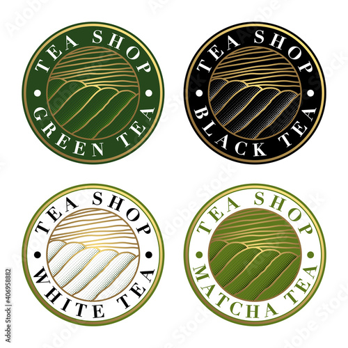 4 logos pour 4 thés aux couleurs et saveurs différentes - vert, noir, blanc, matcha.