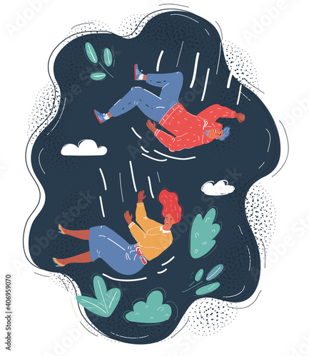 Vector illustration of Shocked business man and woman colleagues falling down from the sky together after being fired or making work mistake. Bankruptcy and economic crisis concept. Flat style modern