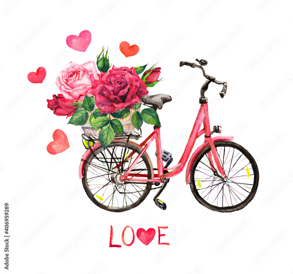 Vintage bicycle with pink and red rose flowers in basket, hearts, text Love. Watercolor illustration for Valentine day, Save date card