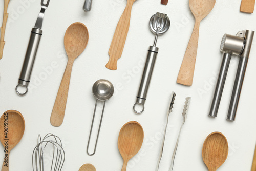 Set of cooking utensils on white background, flat lay