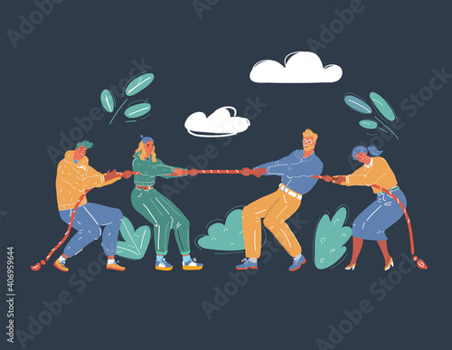 Tug of war. Funny cartoon and vector young characters.