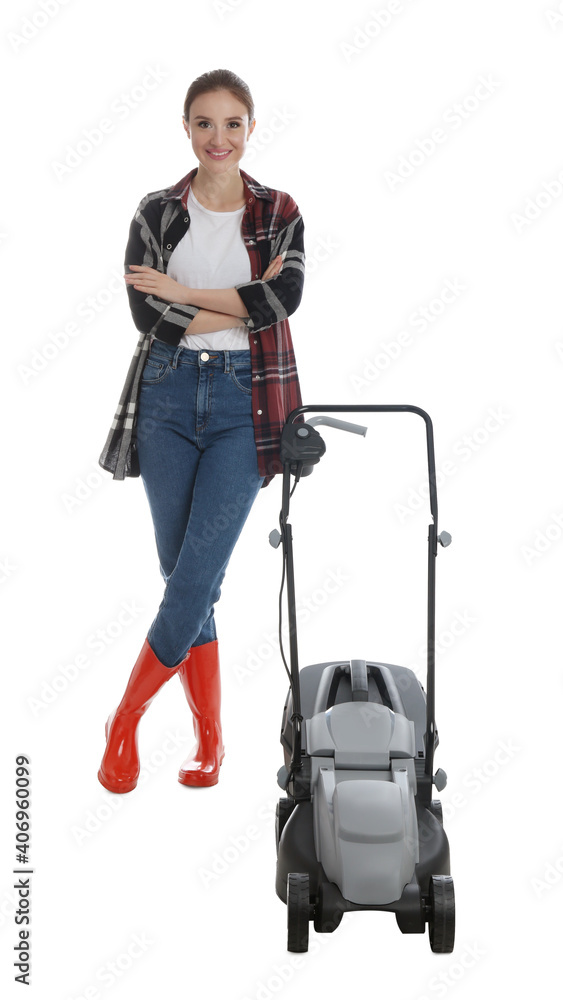Young woman with modern lawn mower on white background Young woman with modern lawn mower on white background