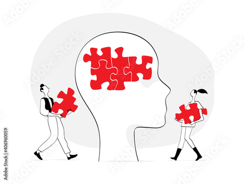 Coppia di persone giovani che completano il puzzle nella testa umana