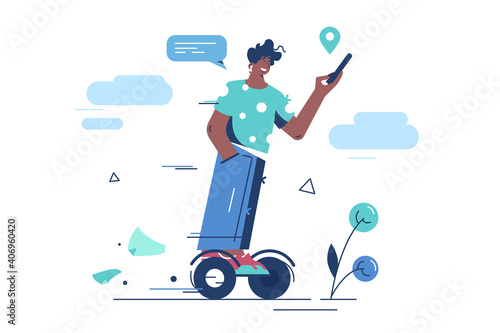 Guy riding gyro scooter vector illustration. Man with smartphone on electric scooter. Gyroscooter, self-balancing, transportation device. Gyroboard, two-wheeled transporter. Hoverboard city transport