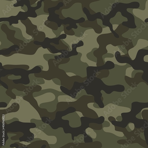Camouflage seamless pattern. Trendy style camo, repeat print. Vector illustration. Khaki texture, military army green hunting