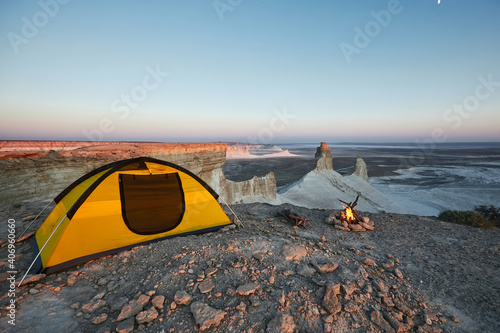 Camping with fire at Ustyurt Plateau. Mangistau, Kazakhstan. photo