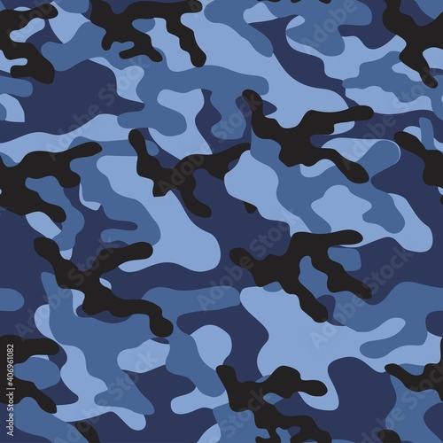 Camouflage pattern background. Classic clothing style masking camo repeat print. Blue grey colors urban, navy or airforce texture. Design element. Vector illustration.