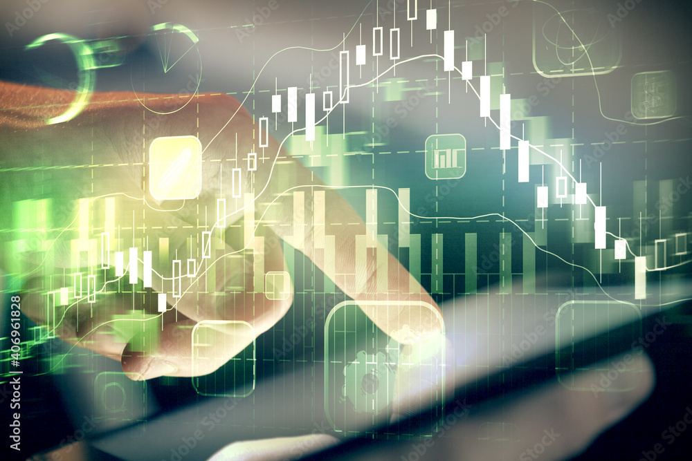 Multi exposure of man's hands holding and using a phone and financial chart drawing. Market analysis concept. Multi exposure of man's hands holding and using a phone and financial chart drawing. Market analysis concept.