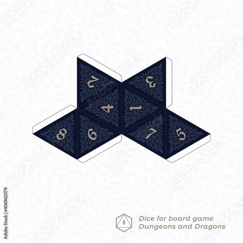 Vector paper cut model of 8 sided dice for board games. White background.