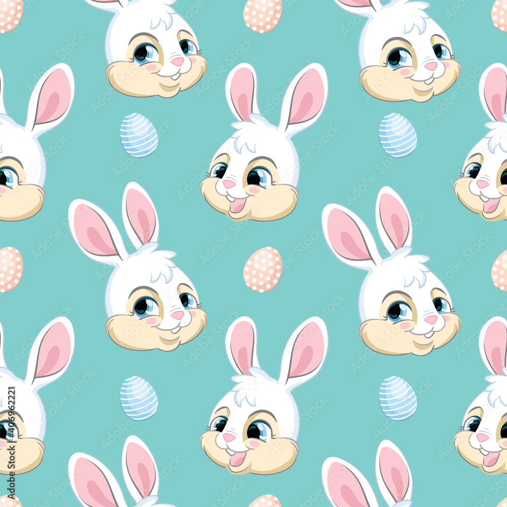 Seamless pattern with heads of white rabbits turquoise