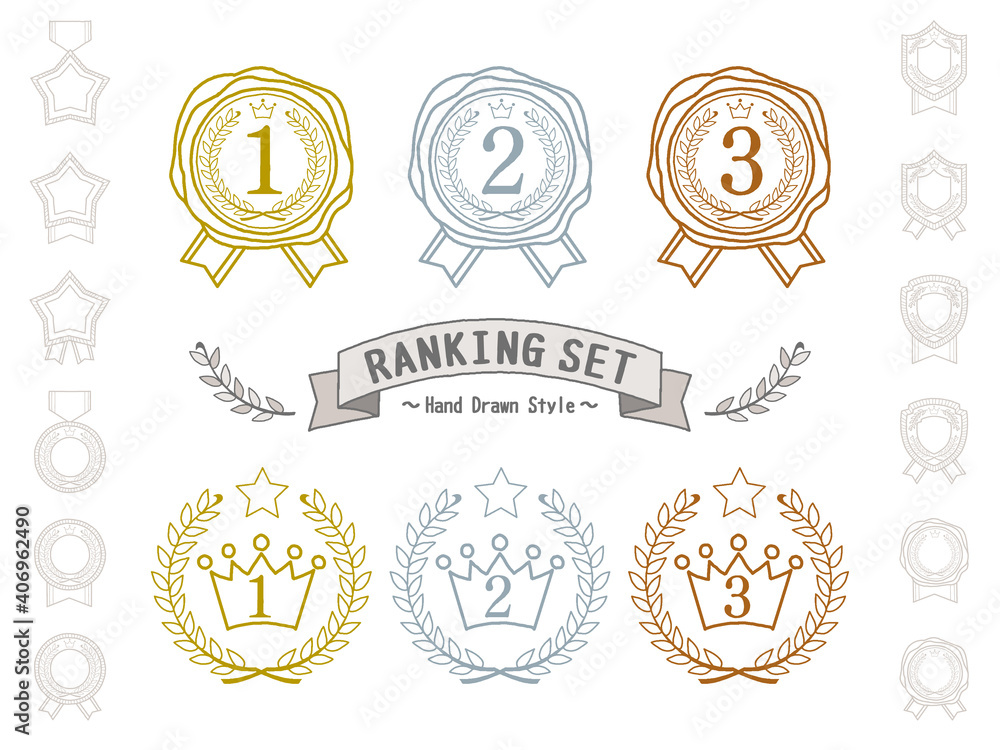 サインペン風手描きのランキング素材セット 2つのリボン付き封蝋 王冠と月桂冠 Stock Vector Adobe Stock