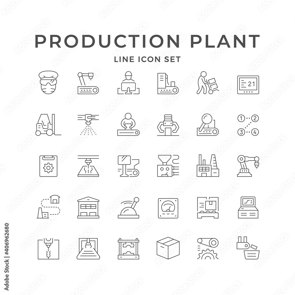 Set line icons of production plant Set line icons of production plant