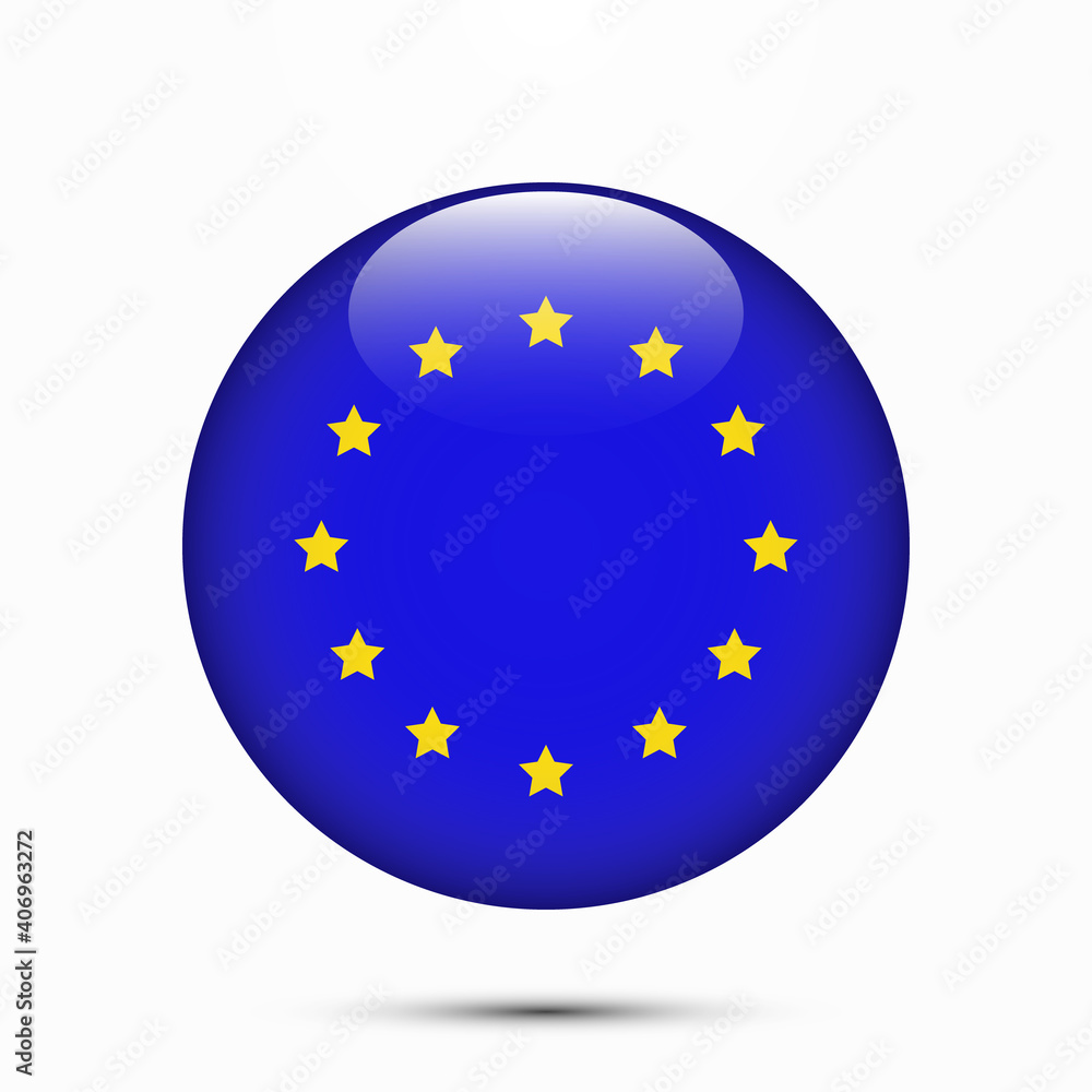 EU European Union flag vector circle shape button. Clear circle isolated EU flag background button. Transparent glossy glass button. Vector Illustration EU European Union flag vector circle shape button. Clear circle isolated EU flag background button. Transparent glossy glass button. Vector Illustration