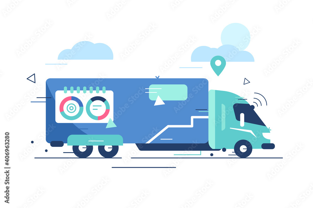 Autonomous truck drive on road vector illustration. Unmanned vehicles. Artificial intelligence controls self-driving lorry flat style. Modern technologies concept. Isolated on white Autonomous truck drive on road vector illustration. Unmanned vehicles. Artificial intelligence controls self-driving lorry flat style. Modern technologies concept. Isolated on white