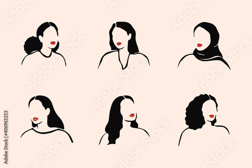 Abstract monochrome females no face with red lips portraits in linear style. Strong women of different ethnicities and cultures. Vector illustration