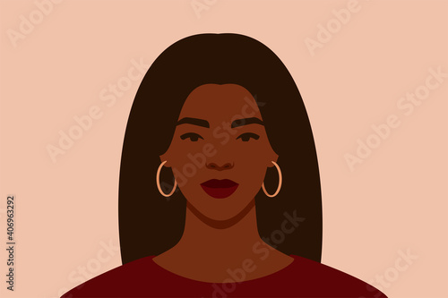 Strong Black woman with long hair looks directly. Confident young woman with brown skin portrait front view. Vector illustration.