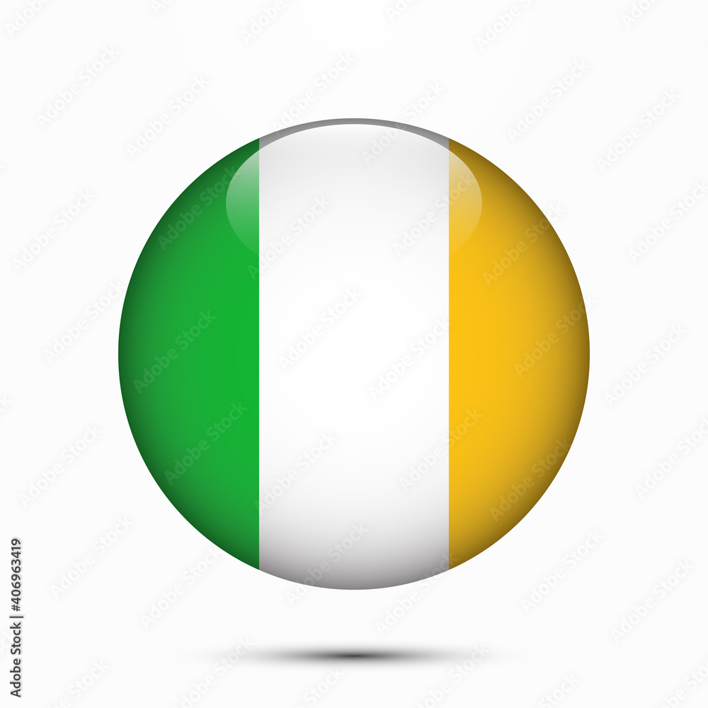 Fototapeta premium Ireland flag vector circle shape button. Clear circle isolated Ireland flag background button. Transparent glossy glass button. Vector Illustration