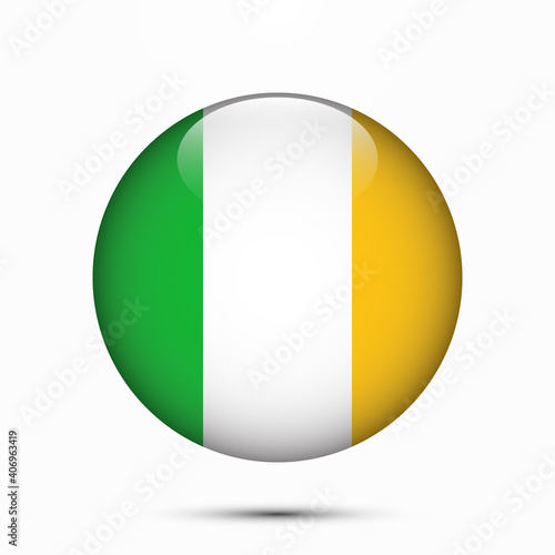 Ireland flag vector circle shape button. Clear circle isolated Ireland flag background button. Transparent glossy glass button. Vector Illustration