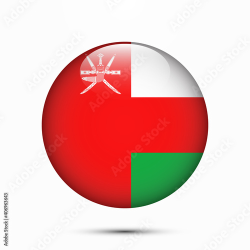 Oman flag vector circle shape button. Clear circle isolated Oman flag background button. Transparent glossy glass button. Vector Illustration