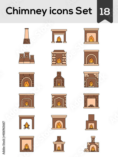 Chimney And Fireplace Icon Set In Flat Style.