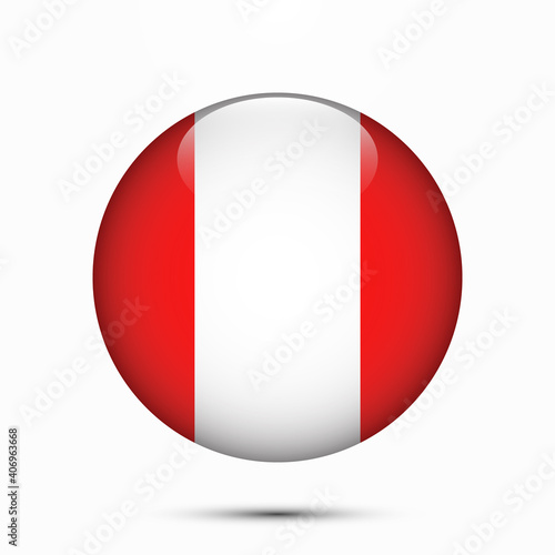 Peru flag vector circle shape button. Clear circle isolated flag background button. Transparent glossy glass button. Vector Illustration