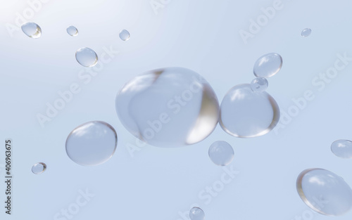 water bubbles in flowing in space with blue sky background 3d render illustration