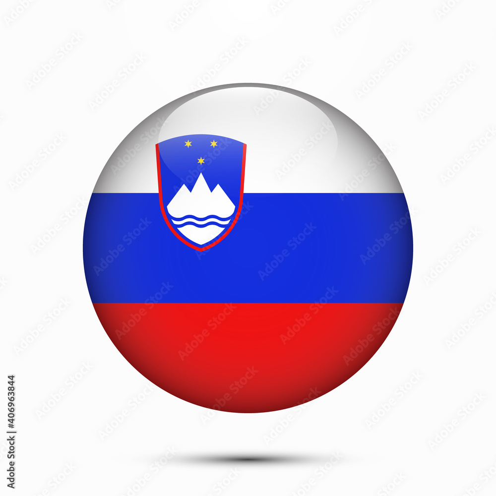 Slovenia flag vector circle shape button. Clear circle isolated Slovenia flag background button. Transparent glossy glass button. Vector Illustration