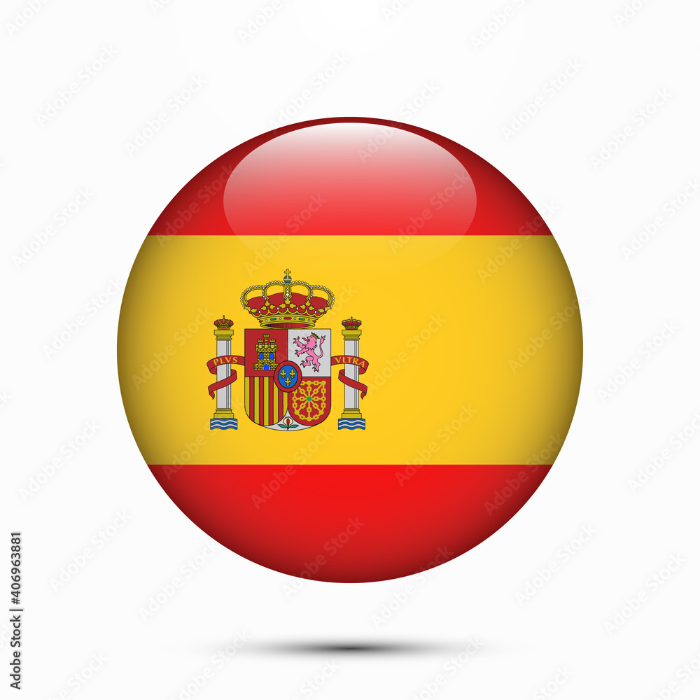Spain flag vector circle shape button. Clear circle isolated Spain flag background button. Transparent glossy glass button. Vector Illustration Spain flag vector circle shape button. Clear circle isolated Spain flag background button. Transparent glossy glass button. Vector Illustration