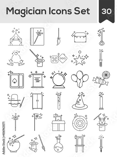 Black Line Art Illustration Of Magician Icon Set In Flat Style.
