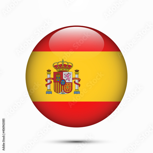 Spain flag vector circle shape button. Clear circle isolated Spain flag background button. Transparent glossy glass button. Vector Illustration
