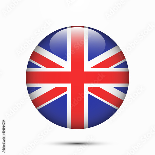 UK GB flag United Kingdom of Great Britain flag vector circle shape button. Clear circle isolated UK flag background button. Transparent glossy glass button. Vector Illustration