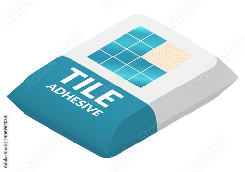 Isometric vector illustration of ceramic tile adhesive bag isolated on white background. Paper sack vector icon. Cartoon isometric tile glue bag icon in flat cartoon style. Building materials.