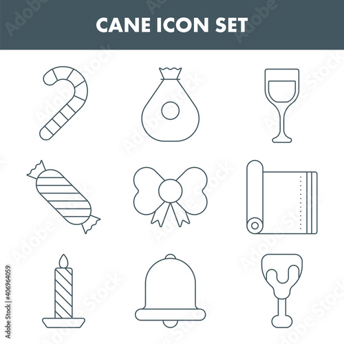Gray Line Art Cane Icon Set In Flat Style.