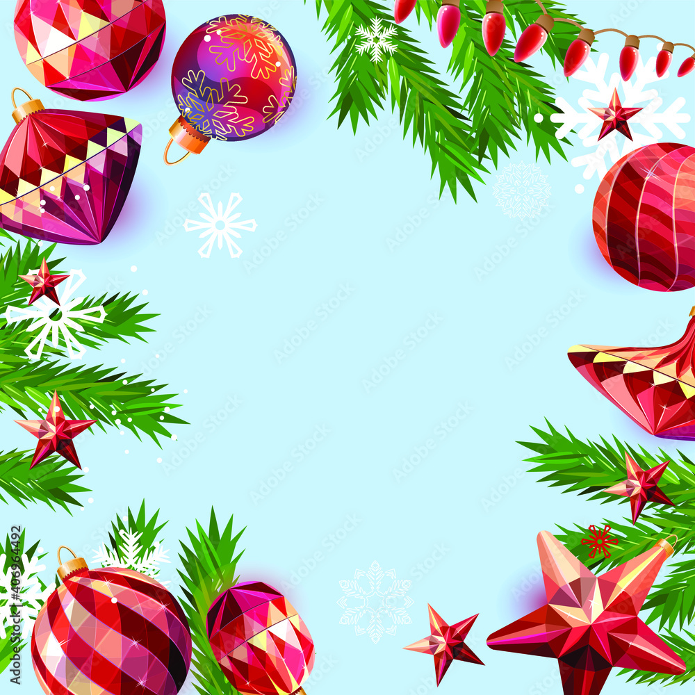 Festive Christmas background with balls. Template for season design with glass decoration