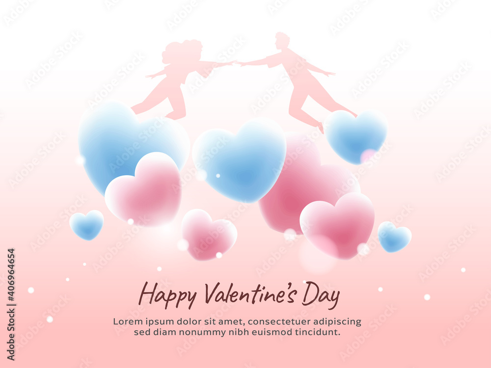 Happy Valentine's Day Concept With Silhouette Couple Flying And Glossy Hearts On Light Pink Background.