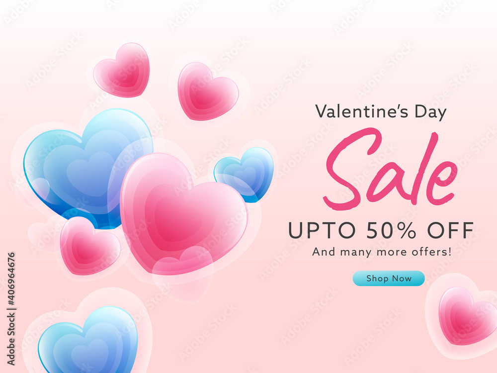 UP TO 50% Off For Valentine's Day Sale Poster Design With Glossy Hearts.