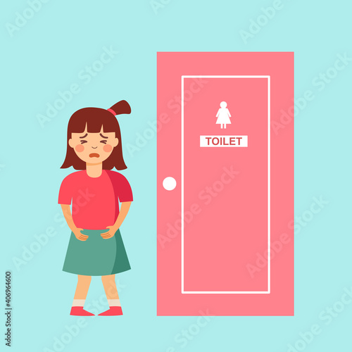 Girl painful urination concept vector illustration. Female kids holding pee in front of toilet.