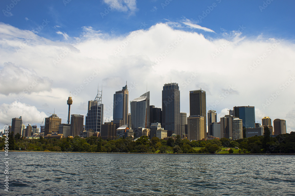 Panoramic view of Sydney from the opposite river side, in Summer.