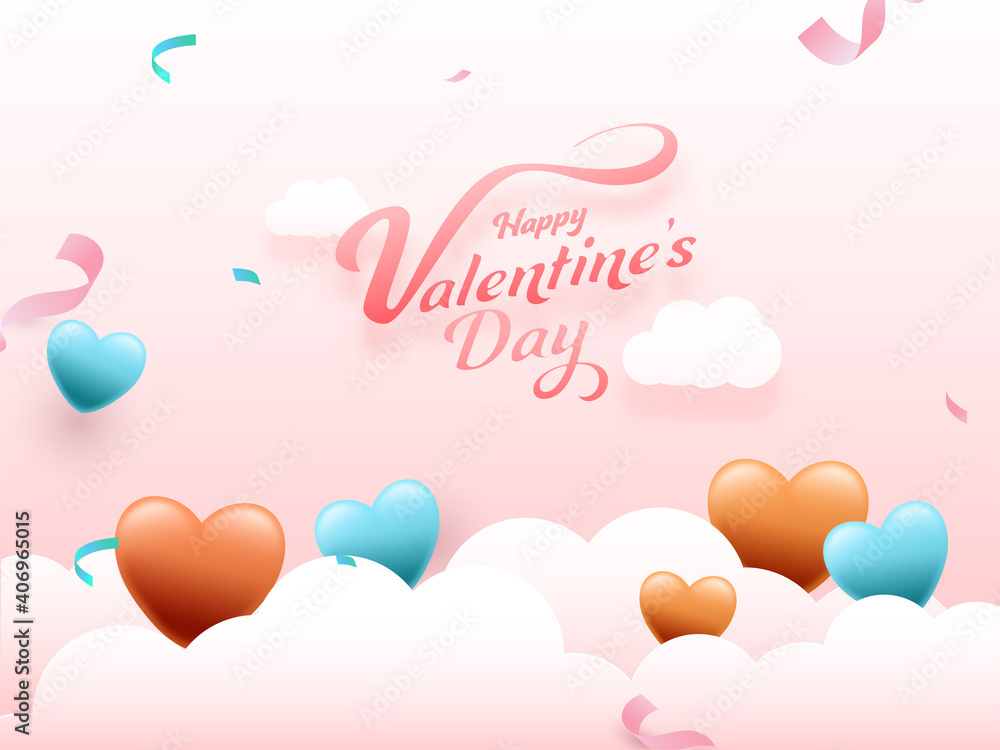 Happy Valentine's Day Font With Glossy Hearts, Confetti Ribbon Decorated On White Clouds And Pink Background. Happy Valentine's Day Font With Glossy Hearts, Confetti Ribbon Decorated On White Clouds And Pink Background.