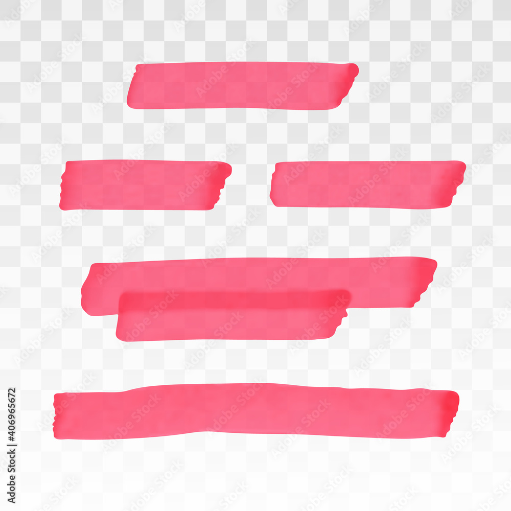 Pink highlighter transparent brush lines set. Marker highlight underline stripes isolated on transparent background. Vector hand drawn graphic stylish element