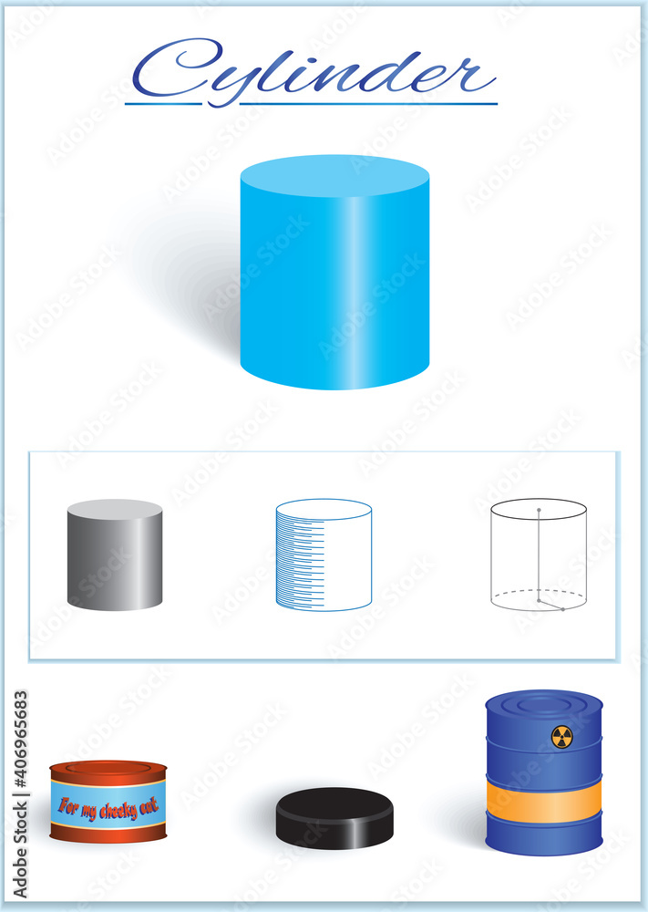 C.ylinder. Image of volumetric geometrical figure with examples of such objects form C.ylinder. Image of volumetric geometrical figure with examples of such objects form