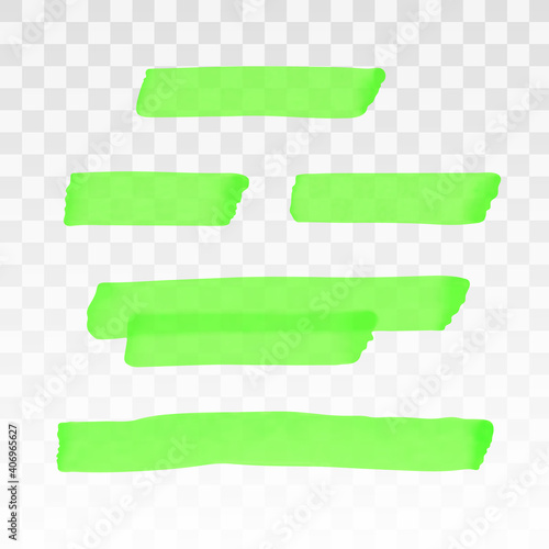 Green highlighter transparent brush lines set. Marker highlight underline stripes isolated on transparent background. Vector hand drawn graphic stylish element