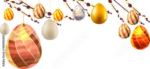 Easter template with hanging eggs on pussy willow.