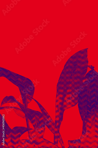 Purple leaves on a red background. Duotone. An abstract glitch background. Modern design.