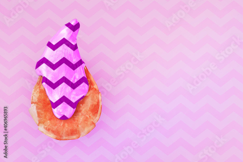 Shrimp poured with acrylic paint on a bright pink background. Contemporary colorful and conceptual bright art collage.